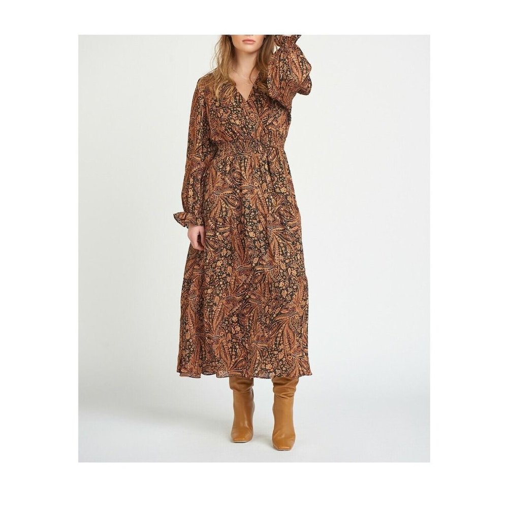 Black Tape Womens Size XS Brown Black Paisley Print VNeck Maxi Dress NWT W44